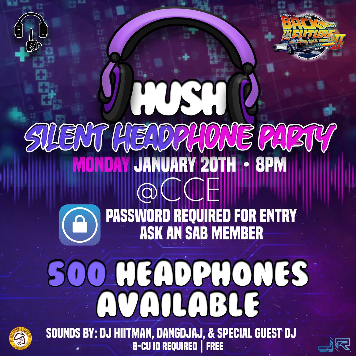 sab_bcu's tweet image. 🚨NEW LOCATION🚨 now held in the CCE‼️ ONLY 500 headphones available‼️ MUST go up to an SAB MEMBER to receive password! NO TEXT MESSAGES OR PERSONAL PHONE CALLS ALLOWED! #WelcomeBackWeek #BCU20 #BCU21 #BCU22 #BCU23 #silentheadphoneparty