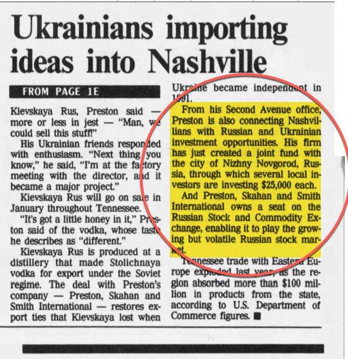 Second part of the article, which says Preston is "connecting Nashvillians with Russian and Ukrainian investment opportunities." We can just imagine what kind of opportunities. 