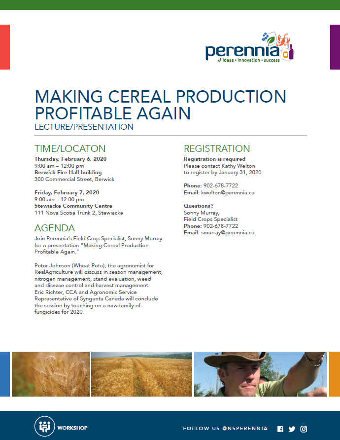Making Cereal Production Profitable Again!

Berwick &amp; Stewiacke sessions with <a href="/NSPerennia/">Perennia Food and Agriculture Corporation</a> , <a href="/WheatPete/">Peter Johnson</a> &amp; <a href="/syngentacanada/">Syngenta Canada</a> 

Registration required, details below: