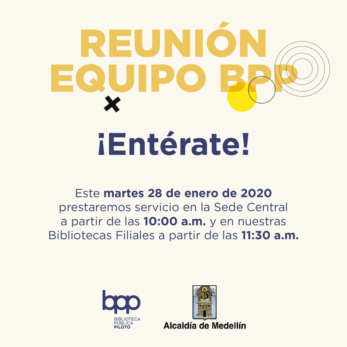 #Importante El día martes 28 de enero de 2020 tendremos horario especial en nuestra Sede Central y Bibliotecas Filiales, debido a reunión de equipo #BPPiloto😉

Lamentamos las molestias ocasionadas y agradecemos tu compresión 👏