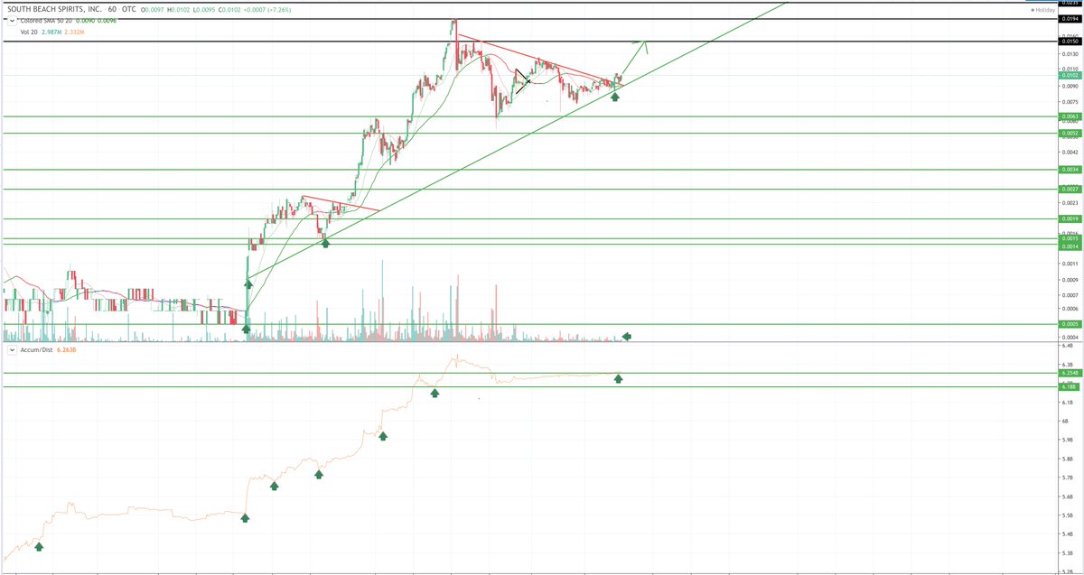 $SBES :

Seeing lots of "noise"..Good sign from my perspective..some souls were crushed on that .01 re-break and strong close.

Multiple Bullish Confirmations here. Note the Accumulation cracking through upwards and obviously that clean Downtrend Break.

$SBES : .015 test Shortly