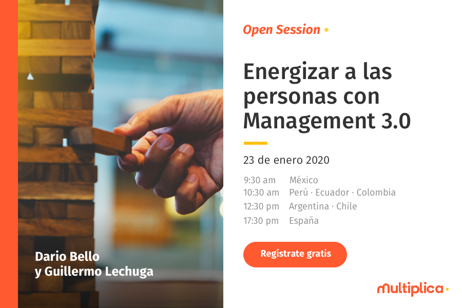 multiplica's tweet image. No te pierdas nuestra primera #OpenSessionMX del 2020, el próximo jueves 23 de enero estaremos con Guillermo Lechuga y Dario Bello, hablando sobre cómo energizar a las personas gracias al Management 3.0.
Regístrate gratis aquí: lnkd.in/e83CDgF