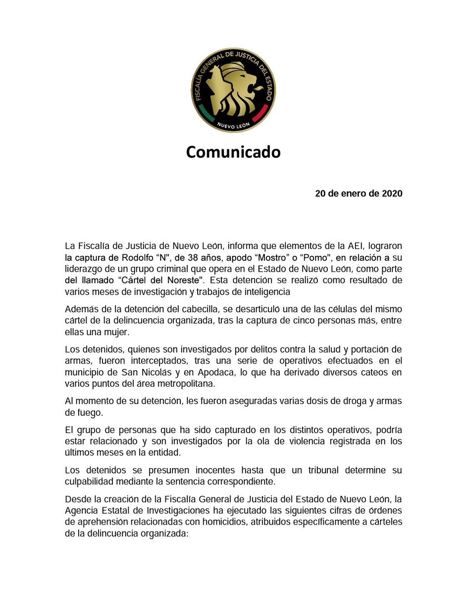 LupitaJuarezH's tweet photo. Detienen en Nuevo León a Rodolfo 'N', alias #ElMostro o #ElPomo, presunto líder del Cartel del Noreste #CDN en la entidad, a quien se le atribuye la ola de violencia registrada en los últimos meses en la entidad; además, fue desarticulada una célula del mismo grupo criminal. https://t.co/jY3tlCenDR