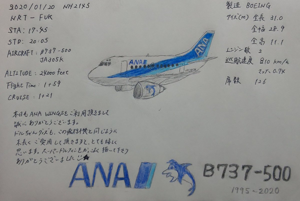 ট ইট র ハカソシ 帰りに成田 福岡で乗った飛行機の機内で描いたイラストにcaさんに頼んでフライトログを入れて貰いました 左側のログとメッセージ 右側のデータはcaさんによるものです Ana Nh2145便に搭乗されていたana Wingsのcaさんありがとうご