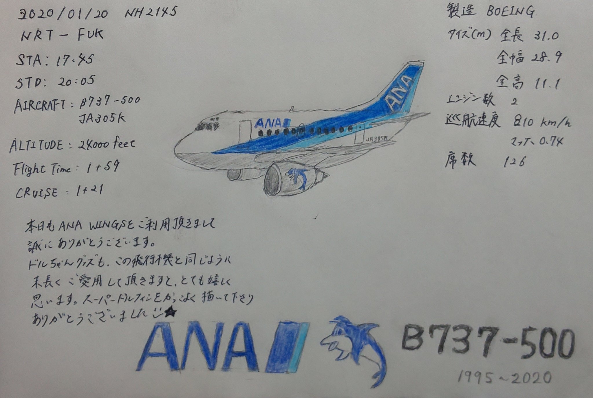 ハカソシ 帰りに成田 福岡で乗った飛行機の機内で描いたイラストにcaさんに頼んでフライトログを入れて貰いました 左側のログとメッセージ 右側のデータはcaさんによるものです Ana Nh2145便に搭乗されていたana Wingsのcaさんありがとうございましたm