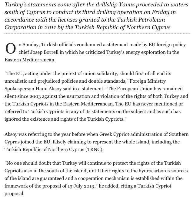 Ankara slams EU statement on drilling in East Med, says it should end double standards  https://www.dailysabah.com/energy/2020/01/19/ankara-slams-eu-statement-on-drilling-in-east-med-says-it-should-end-double-standards