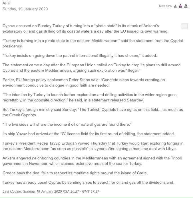 Cyprus brands Turkey a ‘pirate state’ in gas drilling row  http://english.alarabiya.net/en/News/world/2020/01/19/Cyprus-brands-Turkey-a-pirate-state-in-gas-drilling-row.html