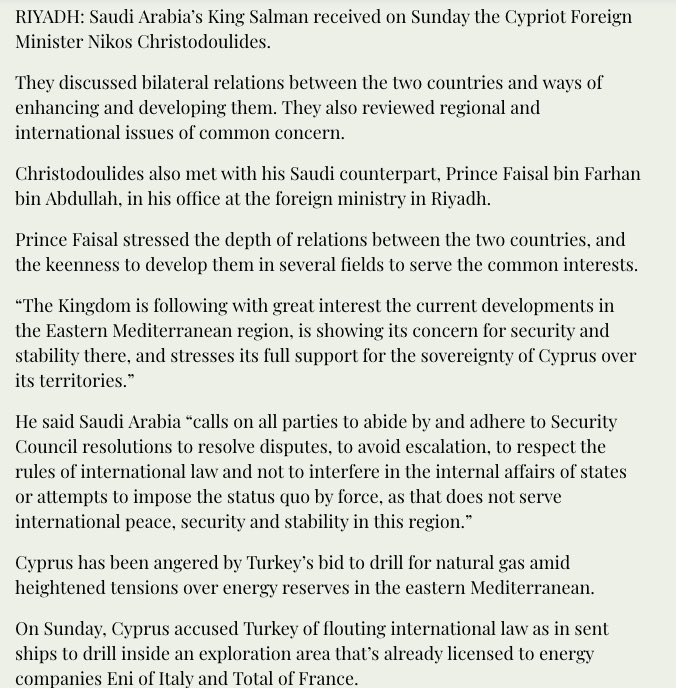 Saudi Arabia offers ‘full support’ to Cyprus amid Eastern Mediterranean tensions  https://www.arabnews.com/node/1615371/saudi-arabia  #Italy  #Eni  #Total  #France  #Turkey