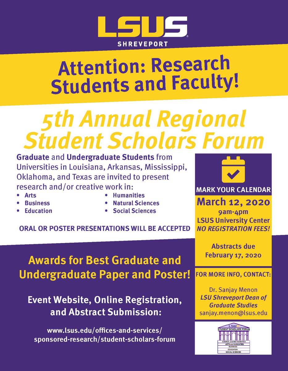 AStateResearch's tweet image. @AStateResearch is participating in the 5th Annual Regional Student Scholars Forum at LSUS in Shreveport, LA, 3/12! Submit your @AStateResearch abstracts to: InfoReady Link:
astate.infoready4.com/#competitionDe… 
#Create #Discover #AStateStudentResearch @EmilyDevo