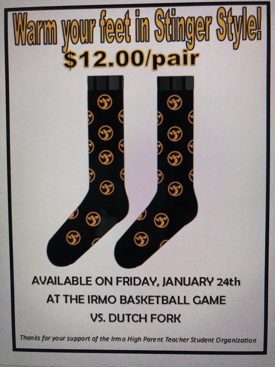 tonik1220's tweet photo. Get your Irmo Stinger socks this Friday, January 24th at the Irmo vs Dutch Fork Basketball games!   @IrmoPtso will be selling them in the gym lobby. Limited quantities. Thanks for your support! @IrmoHigh https://t.co/jbHNuahpad