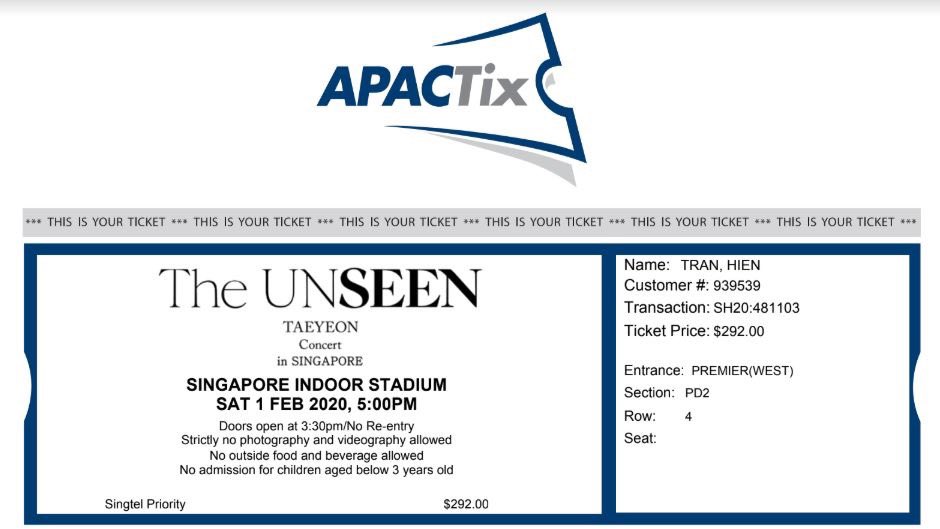 Yen_vu's tweet photo. RT PLZ! <SELLING> Taeyeon's The UNSEEN in Singapore
I’m selling 1 Taeng concert ticket ( The UNSEEN in Singapore)

Section: PD2
Row: 4
Selling at original price S$288 + S$4 service fee APACTix ~  #Taeyeon_TheUnseen https://t.co/L3LKmvmfYg
