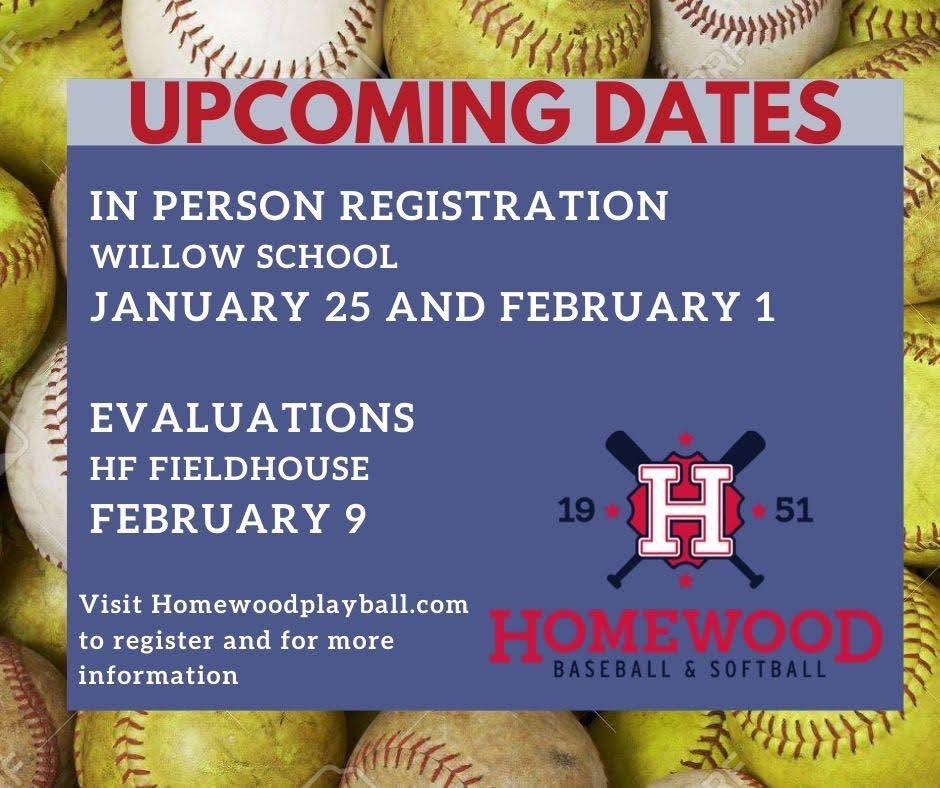 The first of our two in-person registrations is Saturday, January 25th from 9-noon at Willow School. 

1. Pre-register online at HomewoodPlayball.com 
2. Print completed registration 
3. Bring registration to Willow on Saturday 

Help us spread the word to friends and family!