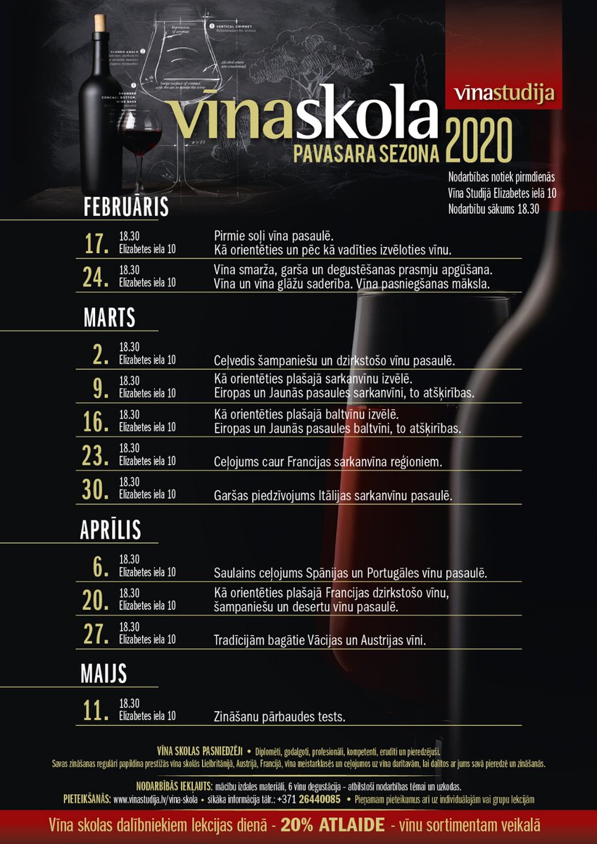 🤓 Ja šogad esi apņēmies izaicināt sevi un iemācīties 📚 kaut ko pavisam jaunu - 👏laipni lūdzam Vīna Studijas 🍷 Vīna skolā, jo pieteikšanās pavasara sezonai jau ir sākusies!
Uzzini vairāk un reģistrējies lekcijām: vinastudija.lv/vina-skola/
🤗Uz tikšanos jaunajā sezonā!