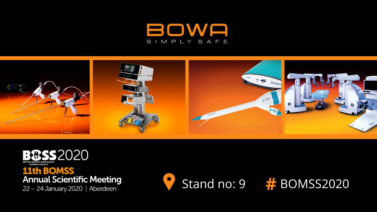 BOWAMEDICALUK's tweet photo. Are you attending the #BOMSS2020 Annual Scientific Meeting this week? We are looking forward to meeting you in Aberdeen and demonstrating our complete #BOWAelectrosurgery product portfolio including #BOWALOTUS, #BOWAdiathermy systems and #Ultravision. #bariatricsurgery https://t.co/gEey1Rxsyy