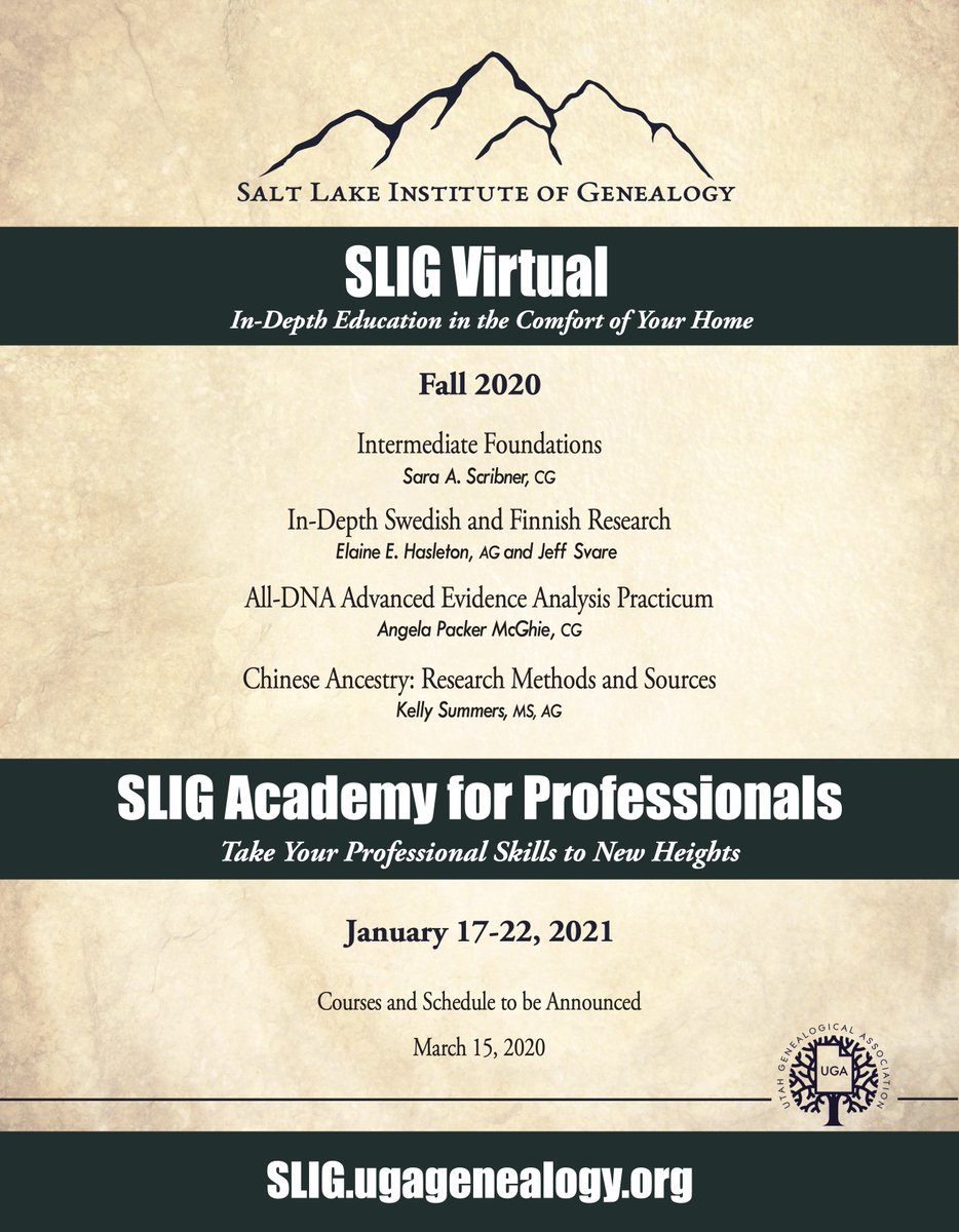 SLIGinstitute's tweet photo. Salt Lake Institute of Genealogy...
Official flyers for #SLIG2021 & #SLIGvirtual Fall 2020.
Download and use as you like.
Website: https://t.co/XVUVRyEpqz https://t.co/bJvbtmYJ3X