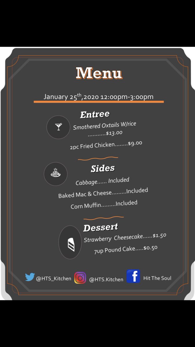 HTS_Kitchen's tweet image. All orders must be submitted directly through me! Pre-ordering is highly recommend! All meals come with your choice of Sweet Tea or Lemonade 🧡 #SSU #SouthernNotState #SCAD