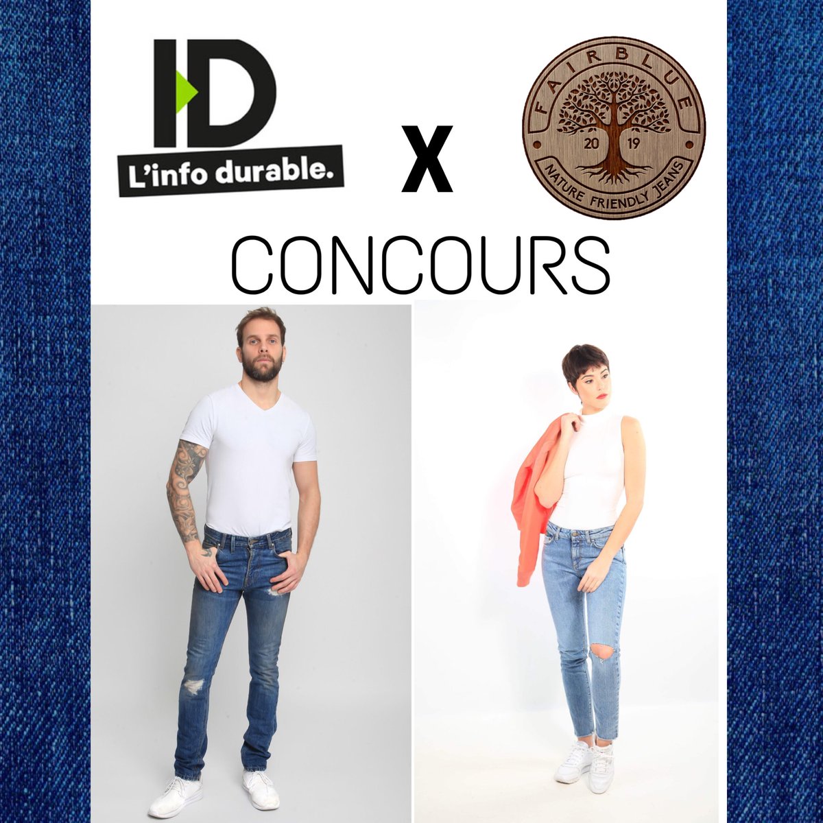 Fairbluejeans's tweet photo. JEU CONCOURS FAIRBLUE !

Fairblue Jeans présente son premier jeu concours en partenariat avec le média Vert @ID_LinfoDurable ! 
Pour participer, c'est par là : 

https://t.co/jkt9f1IyuG

Pour une mode Belle ET Verte ! https://t.co/mq95XbfdlI