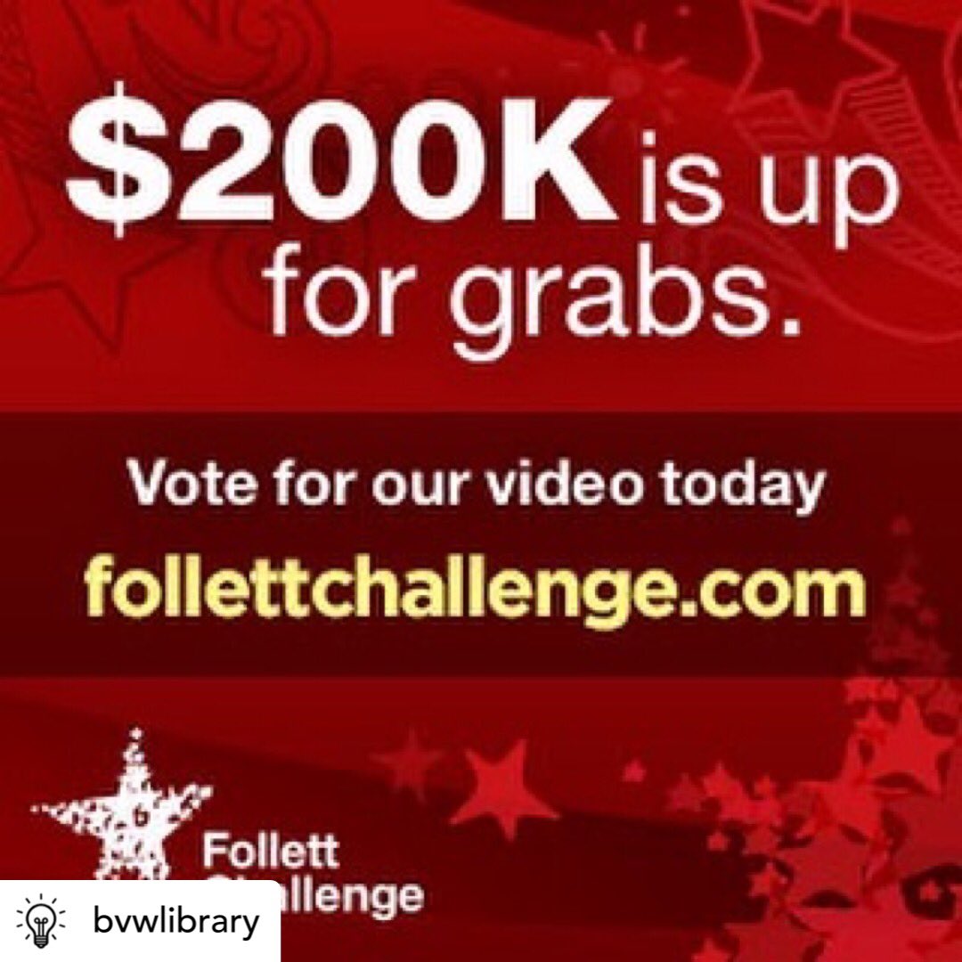 Vote! Help us win up to $30,000 by voting for our video. Click the link and scroll to the bottom. Voting ends on Friday. follettchallenge.com/video.cfm?id=1…  #highschoollibraries #follettchallenge #edchat #makered #futurereadylibs <a href="/westjags/">Blue Valley West</a> <a href="/bvlibraries/">BV LibraryMedia</a> <a href="/bvschools/">Blue Valley Schools</a>