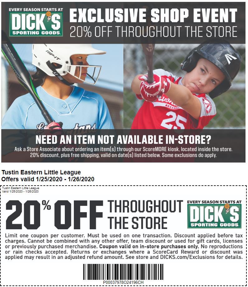 tustineasternLL's tweet photo. This weekend, this coupon will earn you 20% off throughout Dick’s Sporting Goods.  Make sure you get all of your gear after you attend Cap Day! https://t.co/wwh7Qbf8Gu