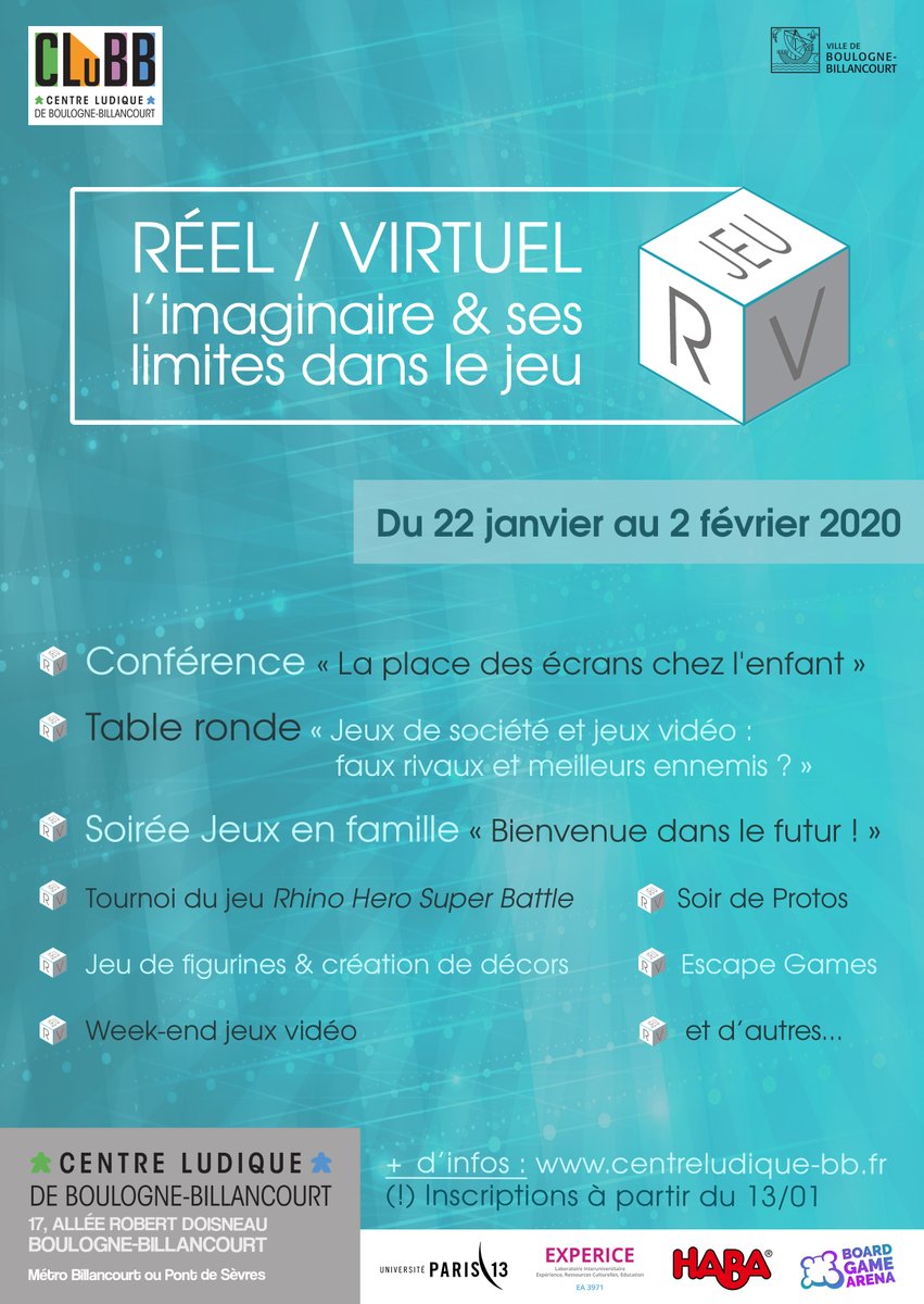 CentreLudiqueBB's tweet photo. L'événement "RÉEL / VIRTUEL : l'imaginaire et ses limites dans le jeu", ça démarre mercredi et cela durera jusqu'au 2 février !

Il y aura des rendez-vous pour tous les publics et tous les goûts.

Programmation complète sur https://t.co/XZAvsPBEfI

👇 A DÉROULER 👇 https://t.co/7ue8xRB3kx