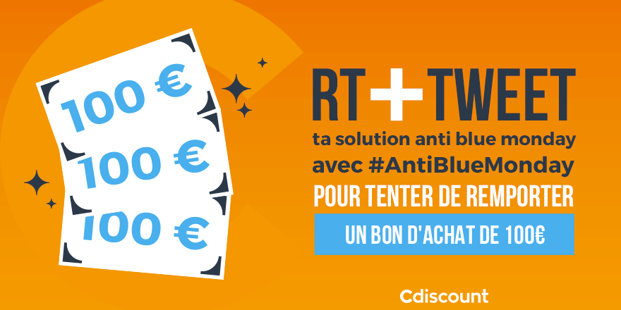 Cdiscount's tweet photo. 🎁 #Concours #BlueMonday

Cdiscount, lutteur officiel contre le Blue Monday depuis 21 ans ! 💪❤

🔸 Pour tenter ta chance de remporter un des 3 bons de 100€ : 
RT + ta solution contre le Blue Monday avec #AntiBlueMonday

TAS le 27/01

Règlement  ▶ https://t.co/99HJu0LRi9 https://t.co/Y3RjcCqTFa