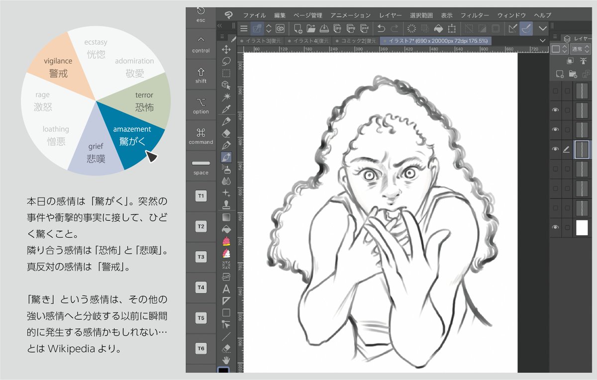 本日の1枚!前回ごとう先生のワークで「描きたい感情から逆算して物語を構築する」ことを学んだので「プルチックの感情の輪」をおさらいして「驚がく」の表情を描きました?「驚がく」は「本能的な24の純粋感情」の中でも最も強度の高い8つの感情のうちのひとつ☝️ #コルクラボマンガ専科 #毎日1Pマンガ 