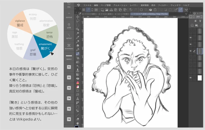 本日の1枚!前回ごとう先生のワークで「描きたい感情から逆算して物語を構築する」ことを学んだので「プルチックの感情の輪」をおさらいして「驚がく」の表情を描きました?「驚がく」は「本能的な24の純粋感情」の中でも最も強度の高い8つの感情のうちのひとつ #コルクラボマンガ専科 #毎日1Pマンガ 