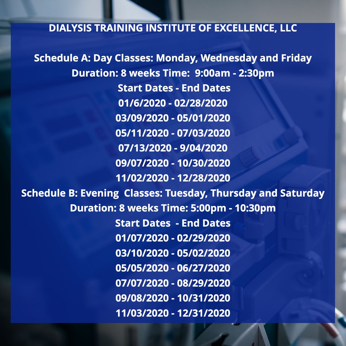 Check out our new schedules for next year. For more information, call (516) 705 4637 or email info@dtietraining.com.

#Dialysis #DialysisPCTTraining #DialysisTraining #DialysisTrainingSchool #Internship #Externship #Dialysis #DialysisPCTTraining #DialysisTraining #DialysisTra ...