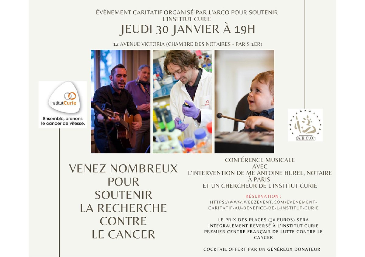 LextensoNotaire's tweet photo. L’@ARCOAssociation organise un évènement caritatif pour soutenir l’Institut Curie : "conférence musicale", jeudi 30 janvier 2020 à 19 h à la Chambre des notaires de Paris : https://t.co/Dm0wJcqzOM - #notaires https://t.co/Dyk9WdZtVw