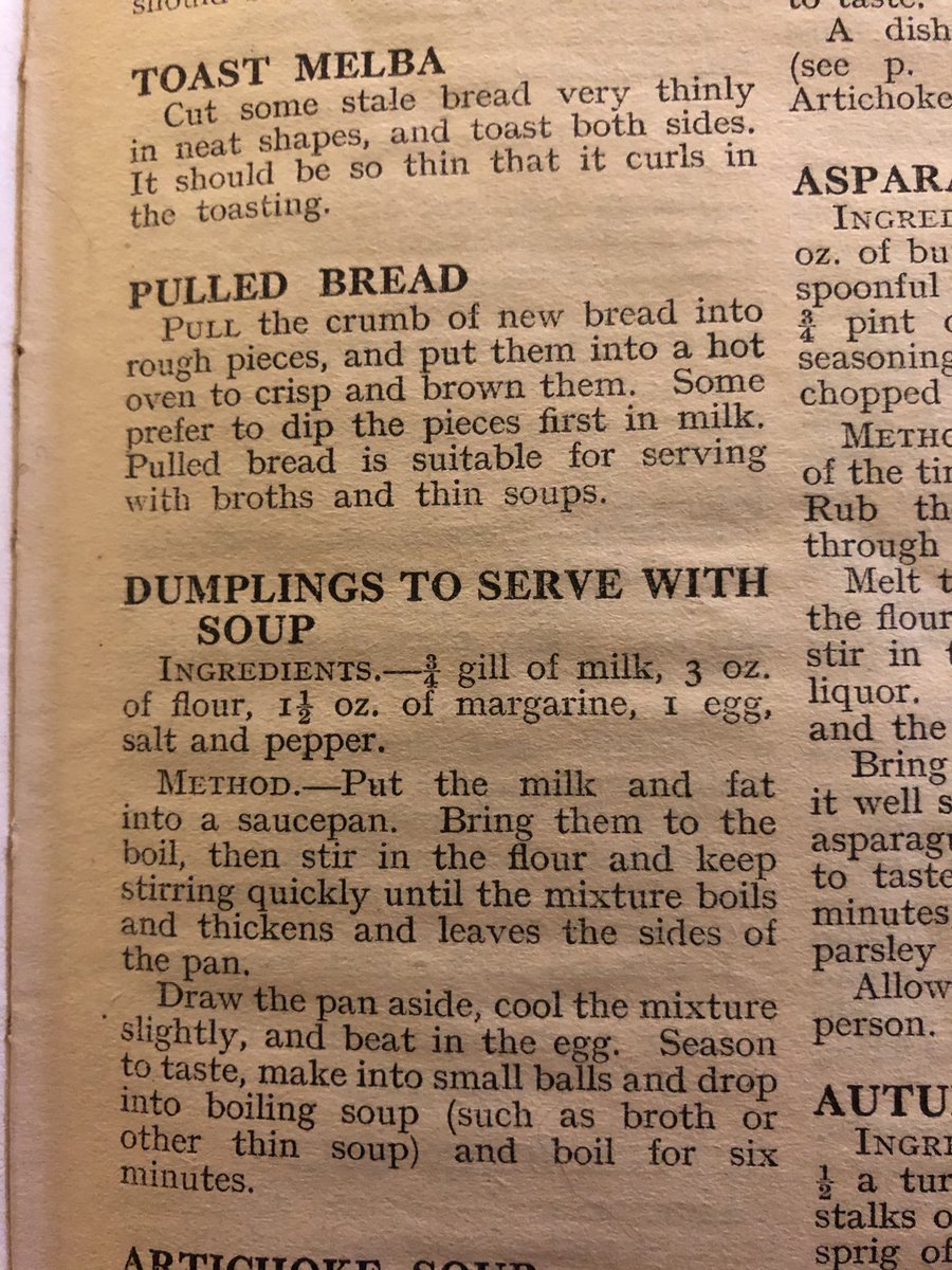 daisy_spring's tweet photo. Just found recipes for soup accompaniments in my grandmotherβs 1930s Modern Practical Cookery book. I fancy making pulled bread π#retrocooking https://t.co/zkCNfozGQt