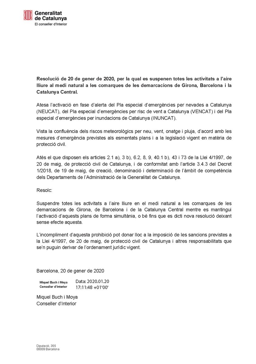 emergenciescat's tweet photo. ⚠ Es suspenen totes les activitats a l’aire lliure al medi natural a les comarques de les demarcacions de #Girona #Barcelona i
#CatalunyaCentral

#INUNCAT #NEUCAT #VENTCAT #ProteccioCivil

Suspensió mitjançant resolució de 20 de gener de 2020 signada pel conseller @interiorcat https://t.co/r6FDlSSYUB