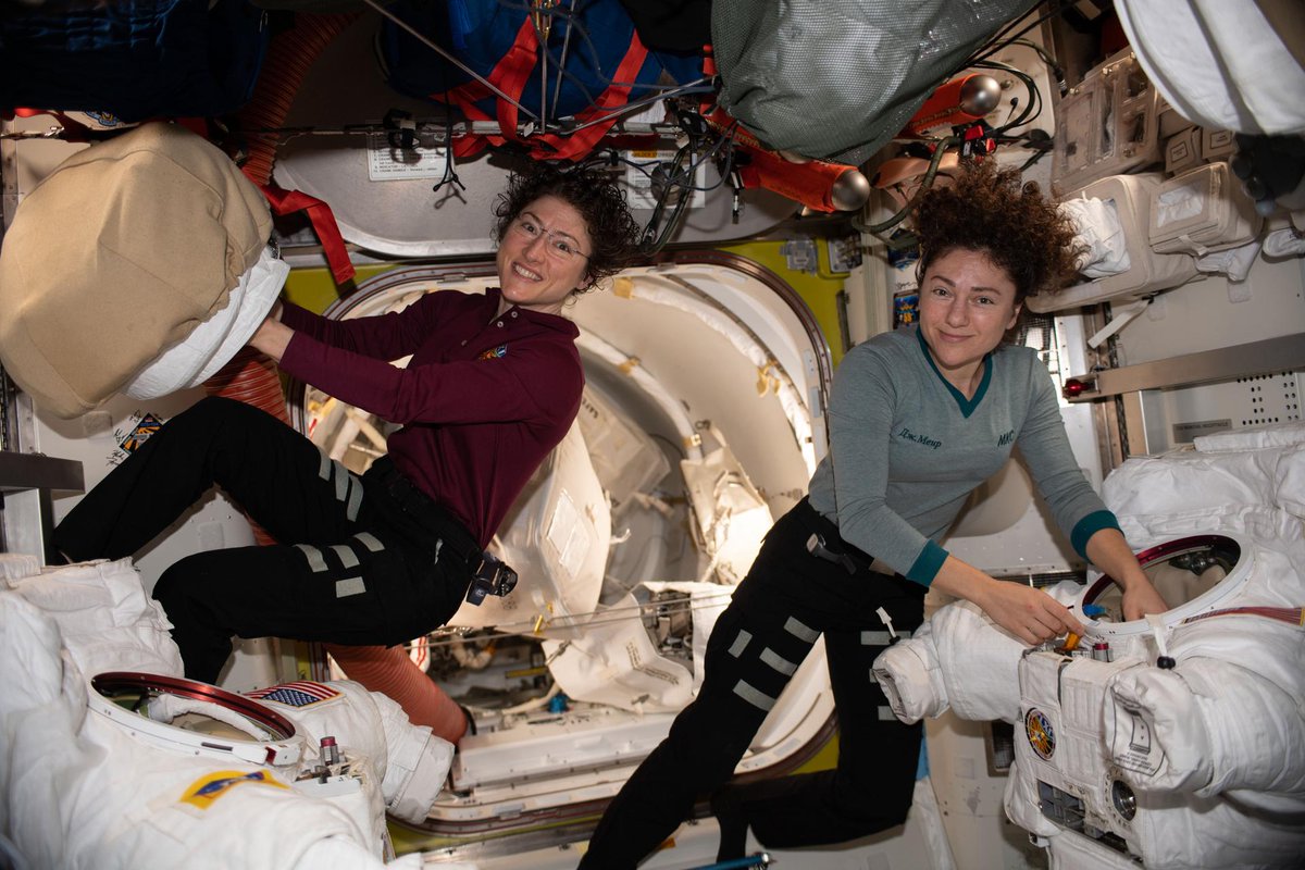 SallyRideSci's tweet photo. NASA's @Astro_Christina Koch &amp; @Astro_Jessica Meir are conducting 3rd ever #AllFemaleSpacewalk to upgrade @Space_Station power system. The historic 1st all-female spacewalk was in October. Koch and Meir are shown getting ready for the 2nd walk Jan. 15. https://t.co/A8Z8m64seL https://t.co/pP8JzCvgsU