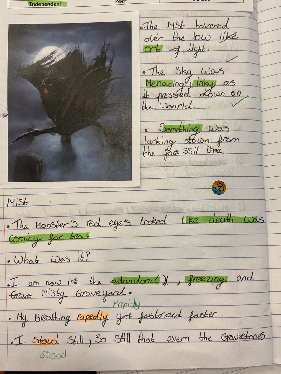 Teacherglitter's tweet photo. Last week in our reading lessons we focused on vocabulary and features that an author uses to create tension. Today they independently created sentences using those features. This kids put my WAGOLL to shame! #whatitaughttoday #nevermoor https://t.co/8h7UiNfQAd