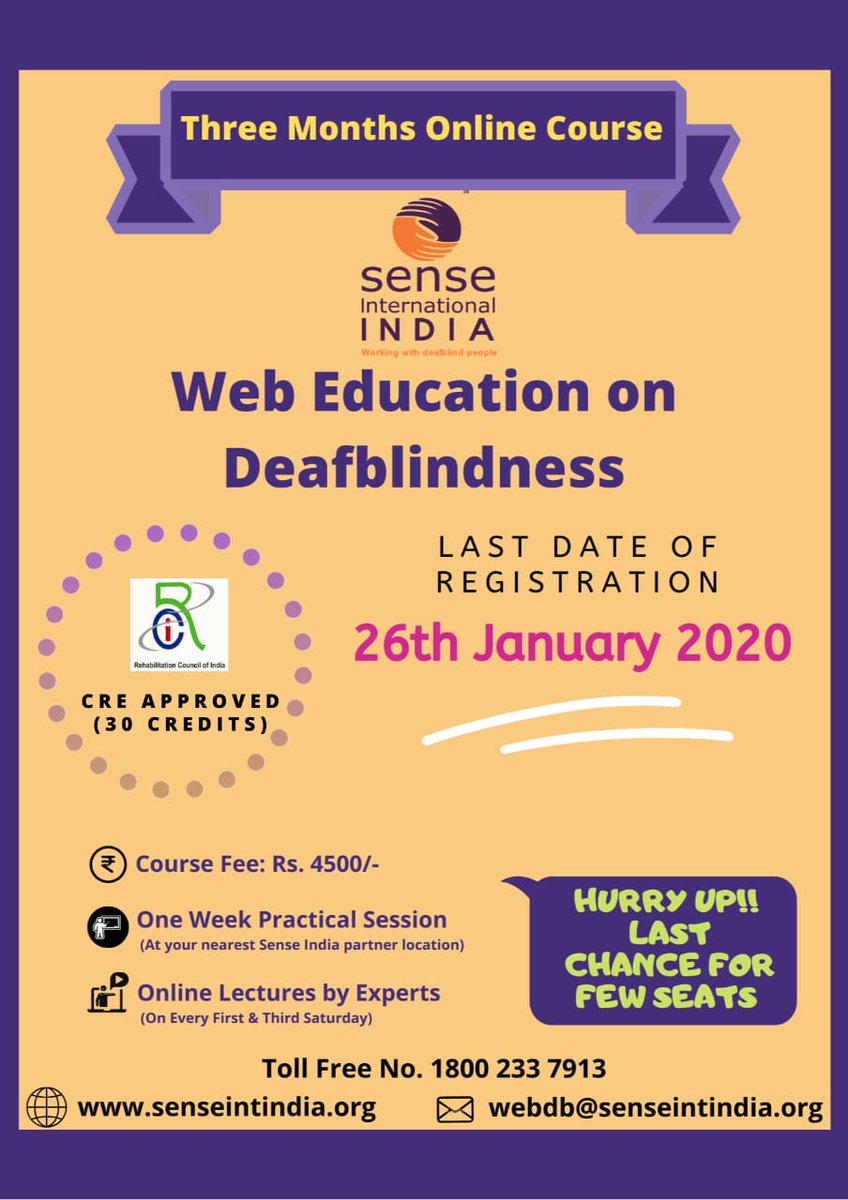 senseindia's tweet photo. Registration deadline extended!
You can now register for the Online Course on Deafblindness, which is CRE approved (30 points) by 26th January, 2020.
Book your seat now: https://t.co/ZVPjLYQfub
#WebEducation #Deafblindness #OnlineCourse #DeafblindnessCourse #WebEducationOnline https://t.co/IM9wJy6PMe