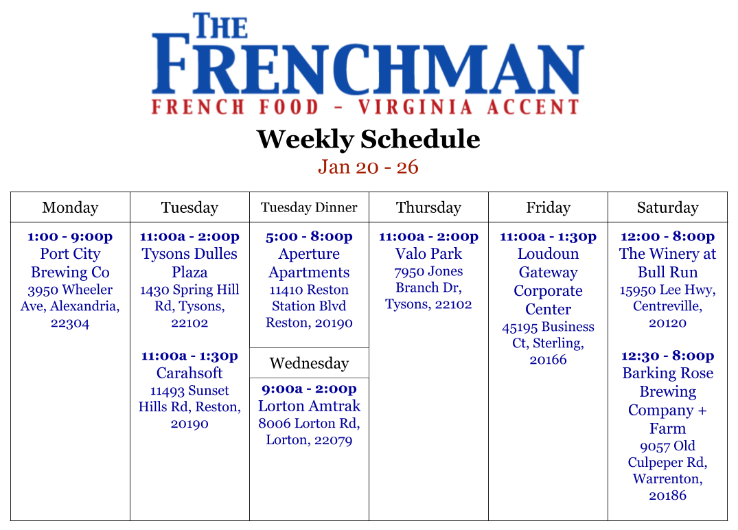 This week's schedule! For those of you off today, we'll be at <a href="/portcitybrew/">Port City Brewing Co</a> 1-9p!
#cheerstoyou #cheerstolongweekends #vafoodtruck #virginiabeer