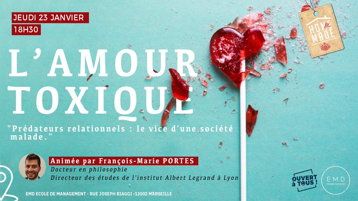 [CONFÉRENCE] 

💖🔥💖

Homme-Made #6, le cycle de conférence de l'EMD fait sa rentrée 2020 avec une soirée pleine de 💗 de François-Marie Portes.

CONFÉRENCE OUVERTE À TOUS. À NE RATER SOUS AUCUN PRÉTEXTE !  

lnkd.in/djPpt8J
