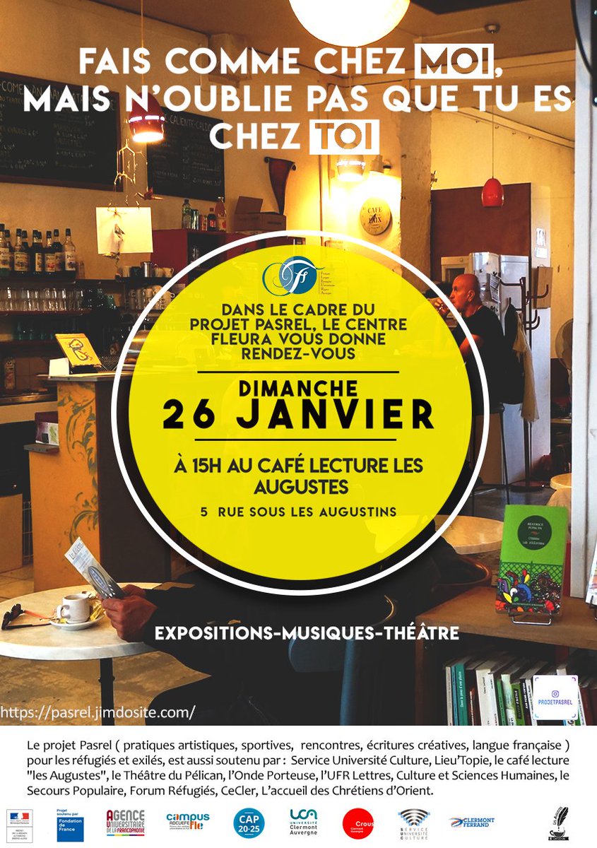 FLEURA_UCA's tweet photo. 🎉#IntégrationLinguistiqueCulturelle #Réfugiés
Rdz-vs dim 26/01 à 15h au Café Lecture Les Augustes pour le spectacle des étudiants du #ProjetPASREL https://t.co/GMI2fo19Ms @MinistereCC @Fondationfrance @auf_org @Adcuefe @UCAuvergne @i_site_clermont @suc_culture @ClermontFd https://t.co/SjAkNiEUTo