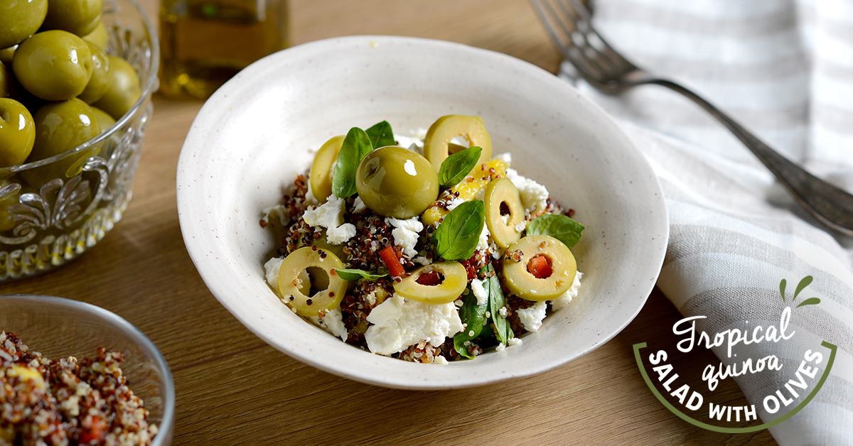 It's time to start a more balanced diet after the excesses of the Holidays. Today start the week with this Tropical quinoa salad with #olives. Light, tasty and delicious! #Recipe bit.ly/2YE5XGW