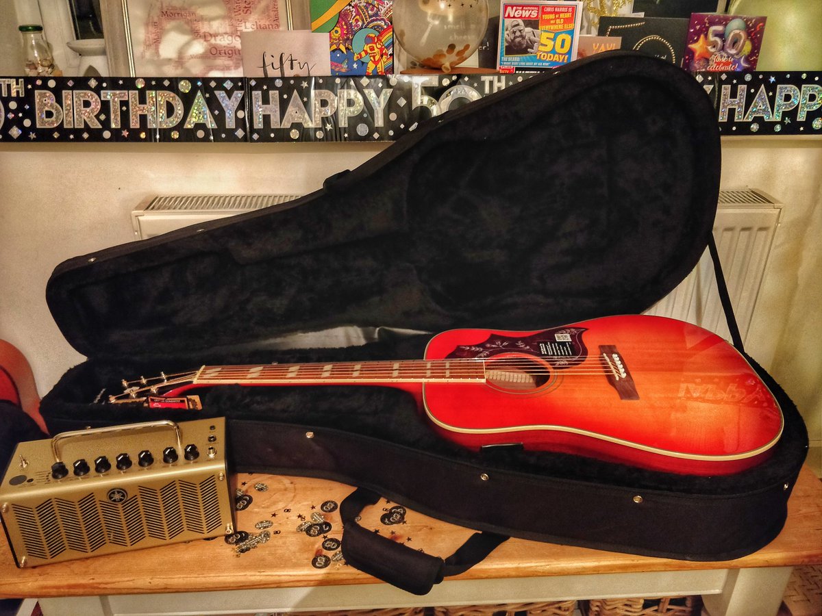 chriscwharris's tweet photo. Some of my amazing birthday presents. @Epiphone Hummingbird pro, armoured case and awesome @Yamaha_Guitars THR5A amp! Now I need to write my first #countrymusic song! I know three chords so I should be fine! 
#guitars #hummingbirdpro #acousticguitar #threechordsandthetruth #music https://t.co/HQbC0ztglv