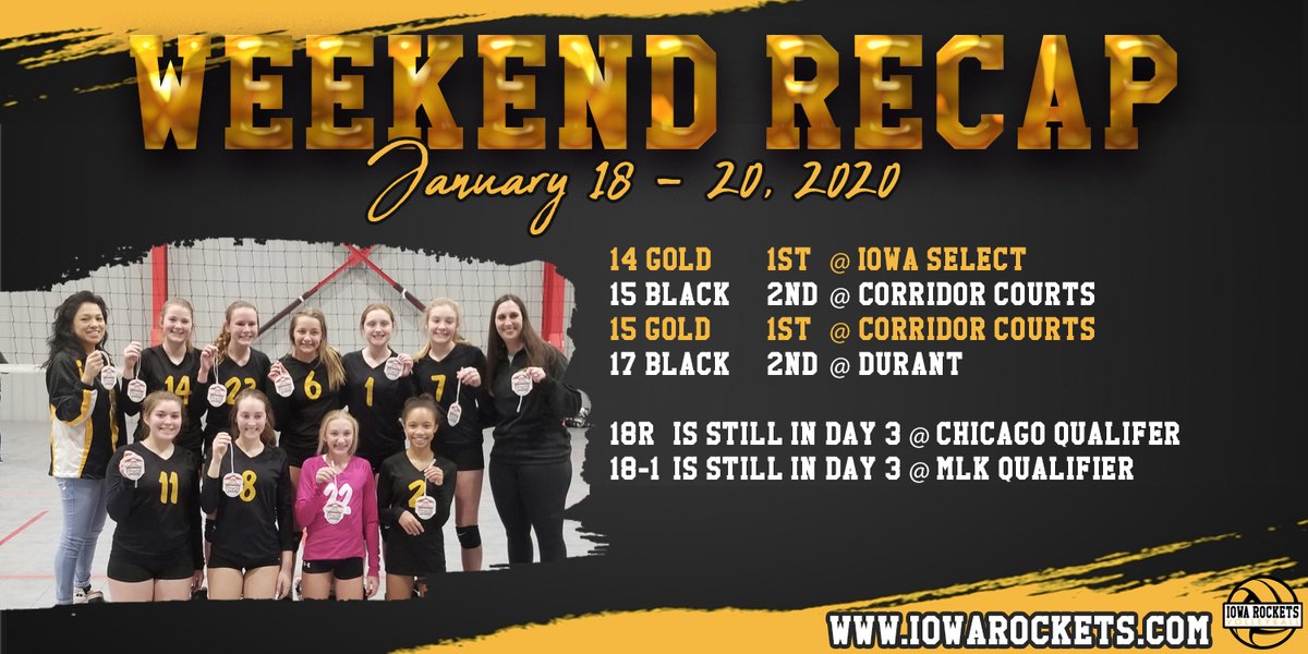 IowaRockets's tweet photo. It's your Monday morning Weekend Recap for your Iowa Rockets. We're cheering on 18R and 18-1 today as they finish up Day 3 of their qualifiers. Stay tuned for those results. Go Rockets!  

#weekendrecap #iowarockets #clubvolleyball https://t.co/igezBgbGan