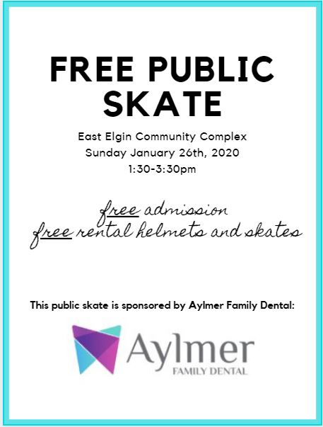 Join us this Sunday January 26th from 1:00pm to 3:30pm for a Free Public Skate sponsored by Aylmer Family Dentist. Admission, skate and helmet rentals will be free.
