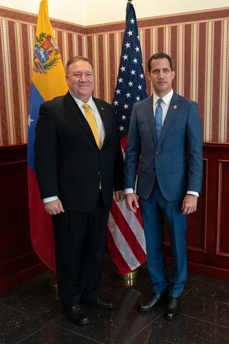 SecPompeo's tweet photo. Honored to meet Interim President @JGuaido at the 3rd Counterterrorism Ministerial. His tireless efforts to restore democracy to #Venezuela are an inspiration. We are proud to support him and the people of Venezuela as they strive for a brighter future. https://t.co/1vD4qq5KS7