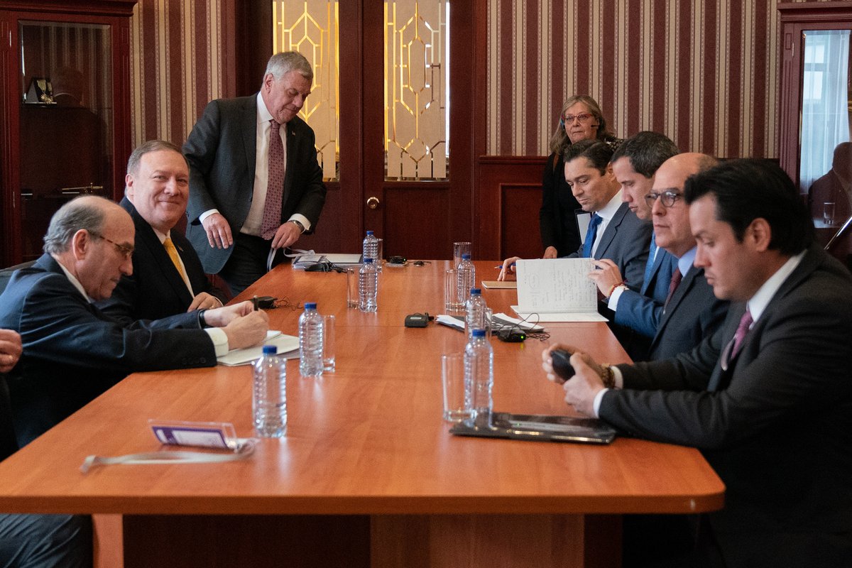 SecPompeo's tweet photo. Honored to meet Interim President @JGuaido at the 3rd Counterterrorism Ministerial. His tireless efforts to restore democracy to #Venezuela are an inspiration. We are proud to support him and the people of Venezuela as they strive for a brighter future. https://t.co/1vD4qq5KS7