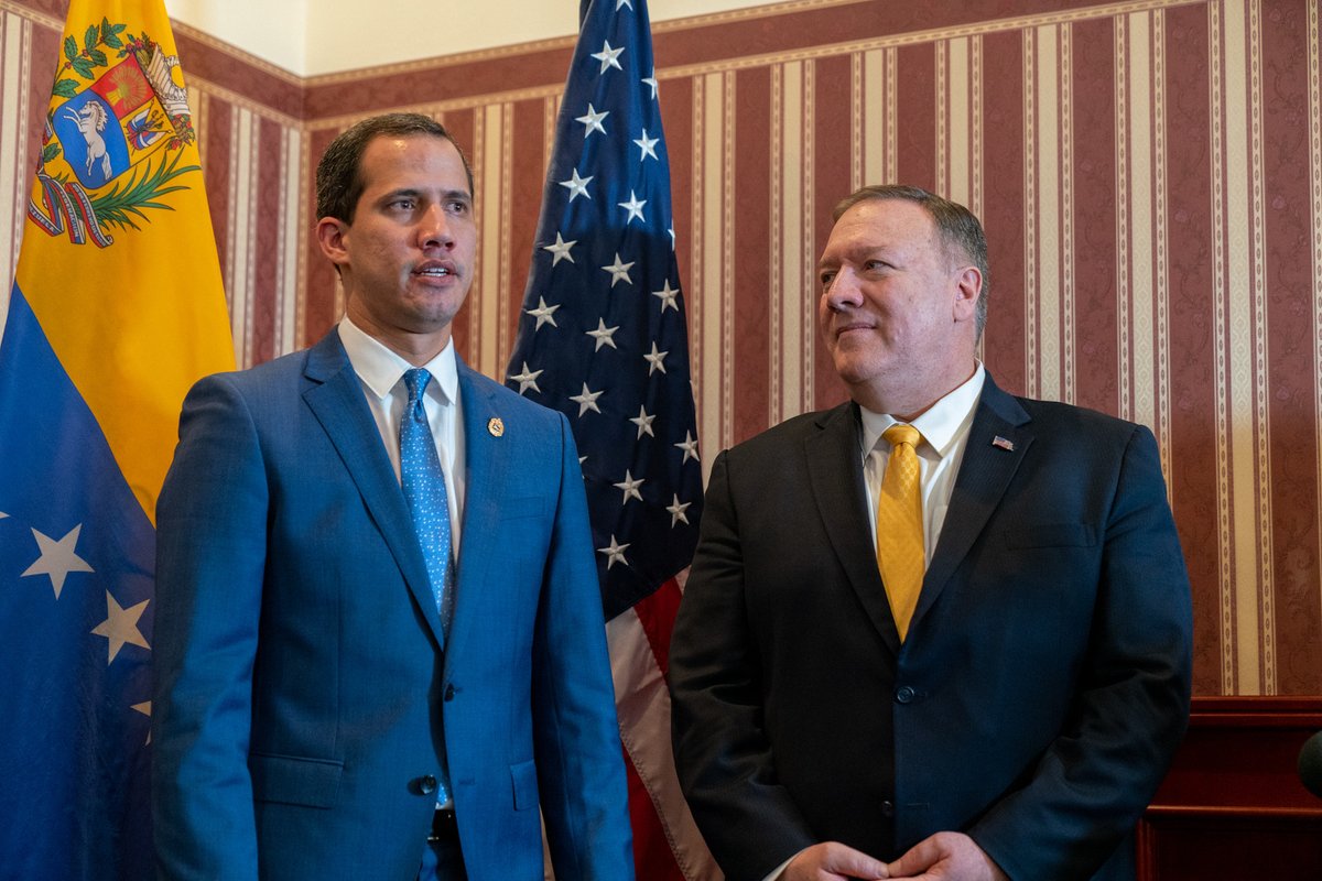 SecPompeo's tweet photo. Honored to meet Interim President @JGuaido at the 3rd Counterterrorism Ministerial. His tireless efforts to restore democracy to #Venezuela are an inspiration. We are proud to support him and the people of Venezuela as they strive for a brighter future. https://t.co/1vD4qq5KS7