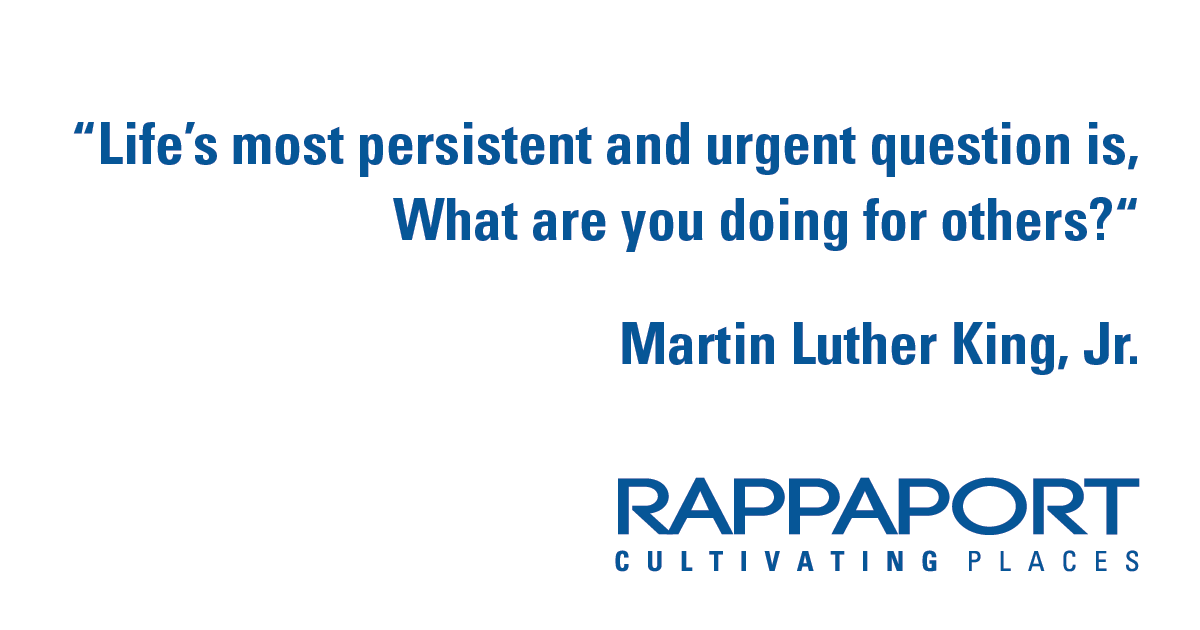 RappaportCRE's tweet photo. Happy #MLK Day of Service from all of us at Team Rappaport. In honor of Dr. Martin Luther King Jr's legacy of unity, acceptance, and friendship; we're reminded of Rappaport's goal and dedication to giving back to the communities in our region. #United4MLKDay #MLK2020 https://t.co/ncN8sSVyp4