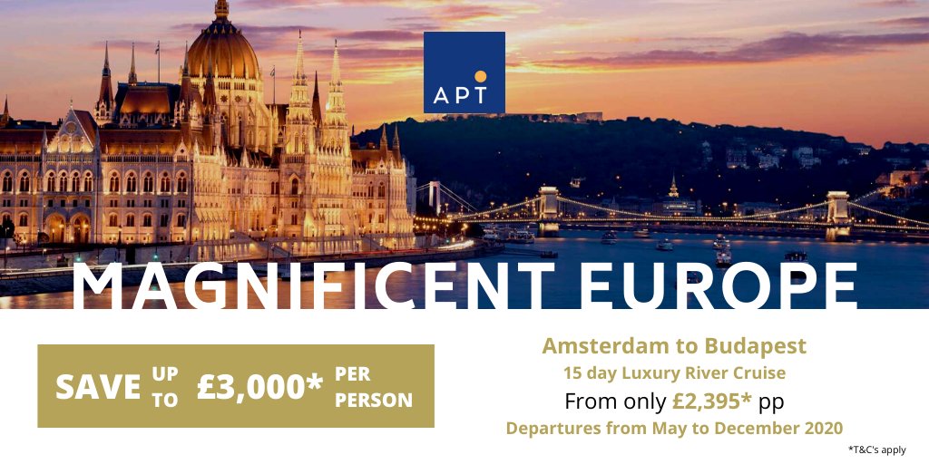 APTAgentClub's tweet photo. Don't forget - our incredible 2020 Sale is still on! Your clients can save up to £3,000*pp on our Magnificent Europe 15 Day Luxury Cruise - book now to avoid disappointment! https://t.co/QNeOtPs5uN #APTdifference https://t.co/OU9w1gNQOL