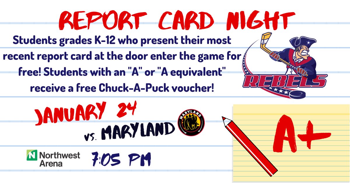 Jamestownrebels's tweet photo. Friday is Report Card Night! 📚✏️
Any student grades K-12 who show their most recent report card at the door enters the game for free! Score a free Chuck-A-Puck voucher if the report shows at least one “A” or “A equivalent”!
#LetsGoRebels #ReportCardNight https://t.co/vQyEoxH6l2
