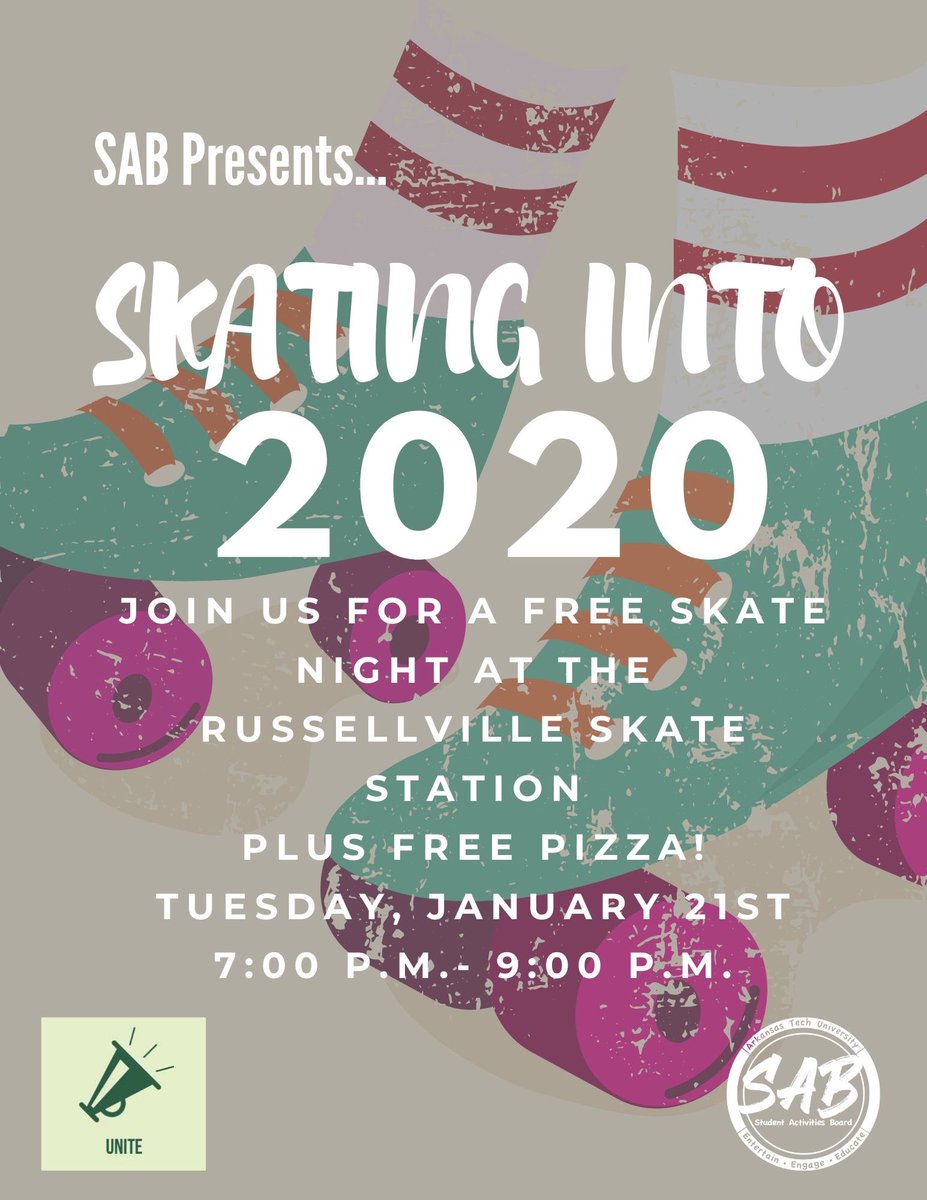ArkansasTechSAB's tweet photo. Come roll into 2020 with us TOMORROW NIGHT at the Skate Station!! There will be free skating and free pizza!! 😁🎉 https://t.co/khX7RKX7qG
