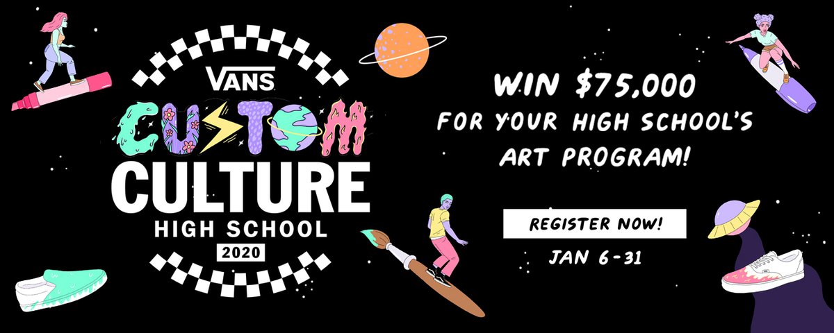 Americans4Arts's tweet image. Get creative with your kicks and you could win big money for your high school's art program! Register by 1/31 for #VansCustomCulture for the chance to design custom sneaks and win $75K or a @VANS_66 artist mentorship. Info &amp;amp; rules at customculture.vans.com.