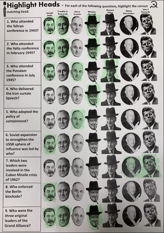 Put together the first in a series of 'Highlighter Heads'. A quick fire starter or homework to go alongside Y11's regular knowledge booklet testing. Perfect for the classic Superpower Relations 'who attended which conference' trap. #historyteacher